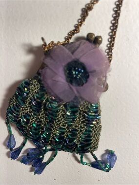 Delicate Purple Flower Green Beaded Pendant Necklace